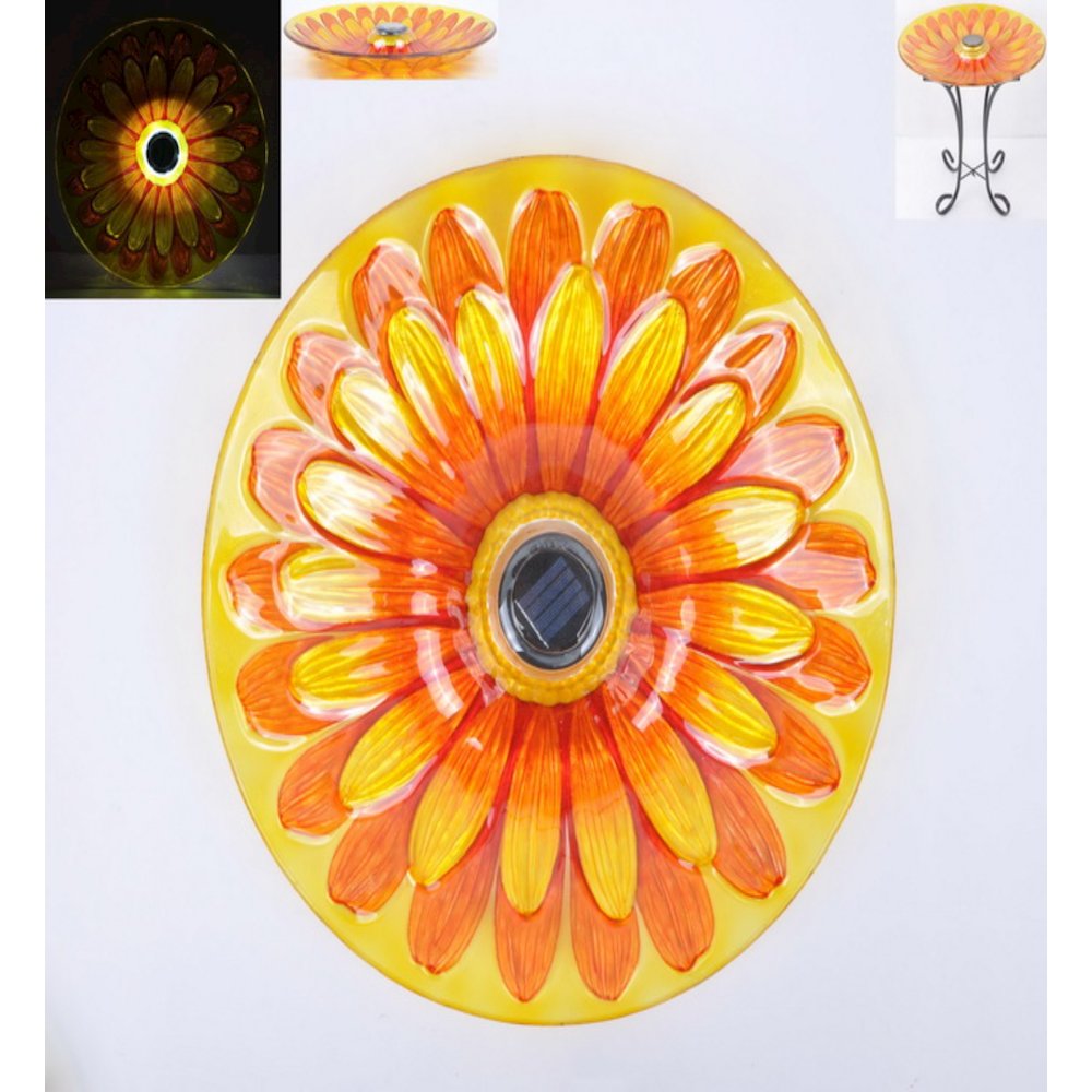 Solar Floral Glass Bird Bath with Stand. Picture 1