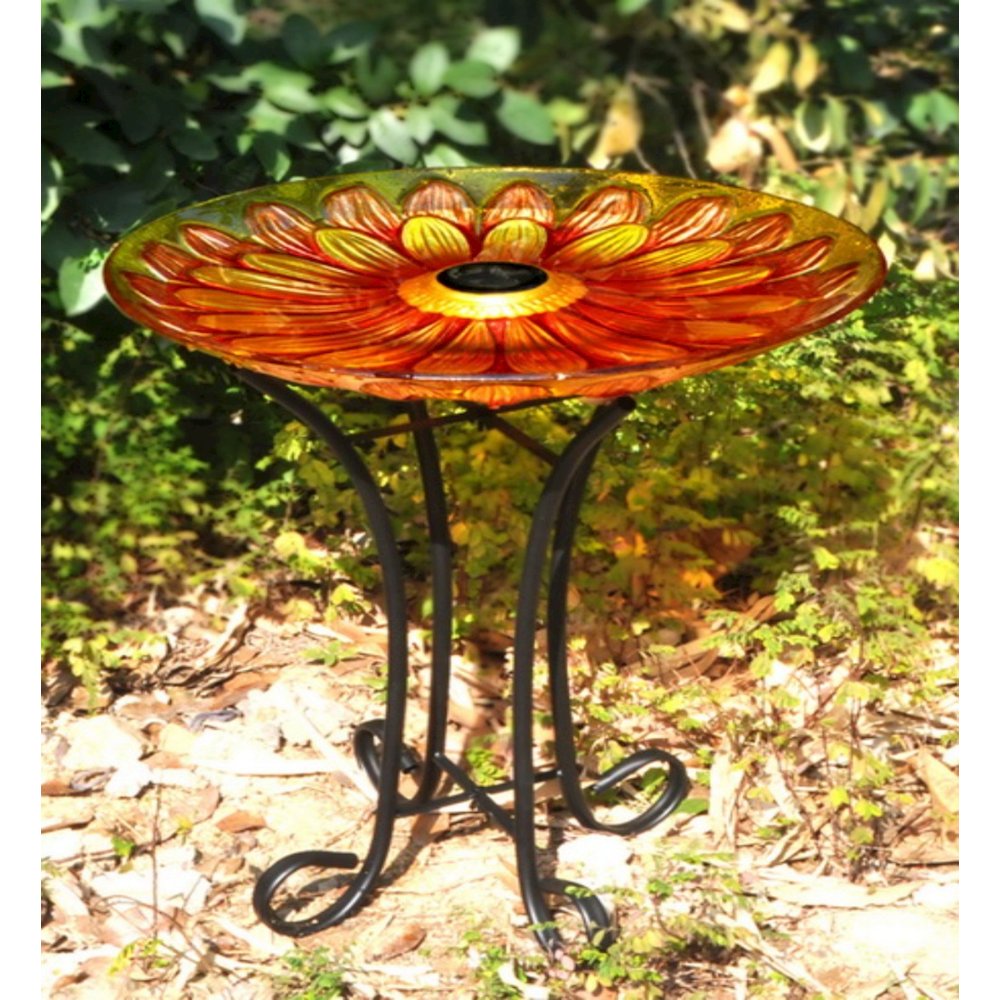 Solar Floral Glass Bird Bath with Stand. Picture 6