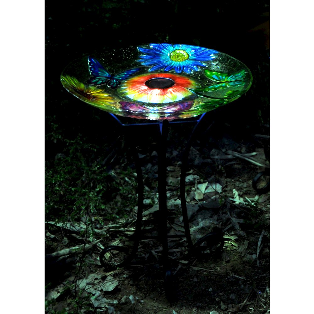 Solar Floral Glass Butterfly Bird Bath with Stand. Picture 4