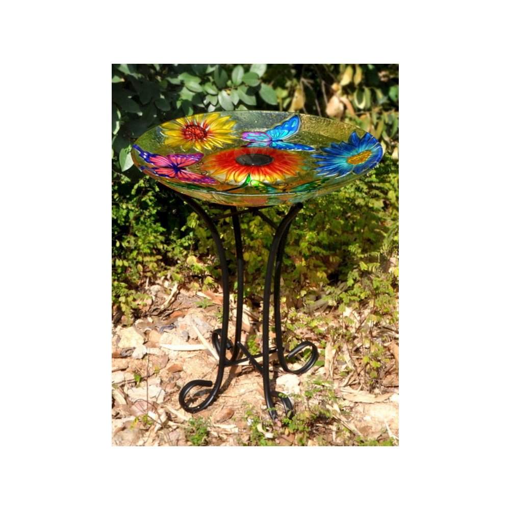 Solar Floral Glass Butterfly Bird Bath with Stand. Picture 2