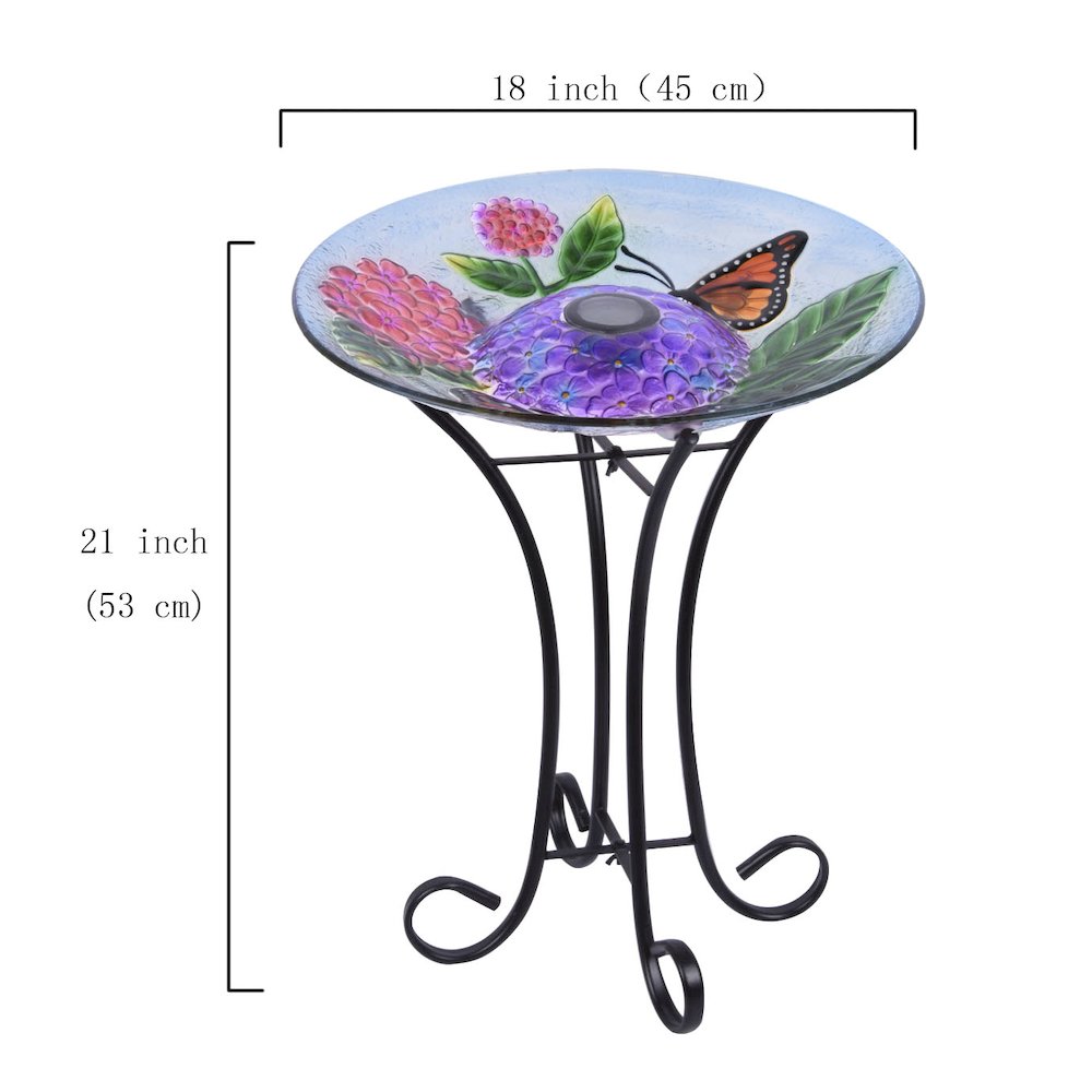 Solar LED Floral Glass Butterfly Bird Bath with Stand. Picture 1