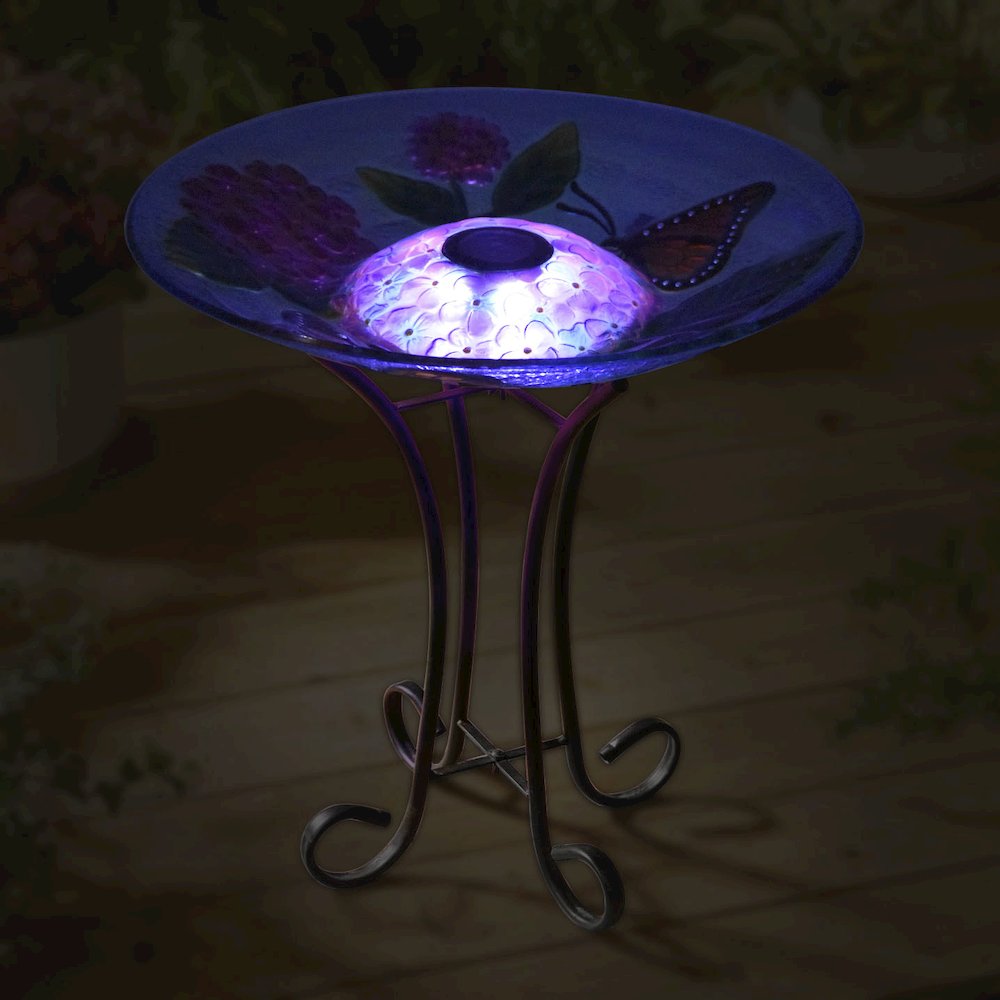 Solar LED Floral Glass Butterfly Bird Bath with Stand. Picture 3