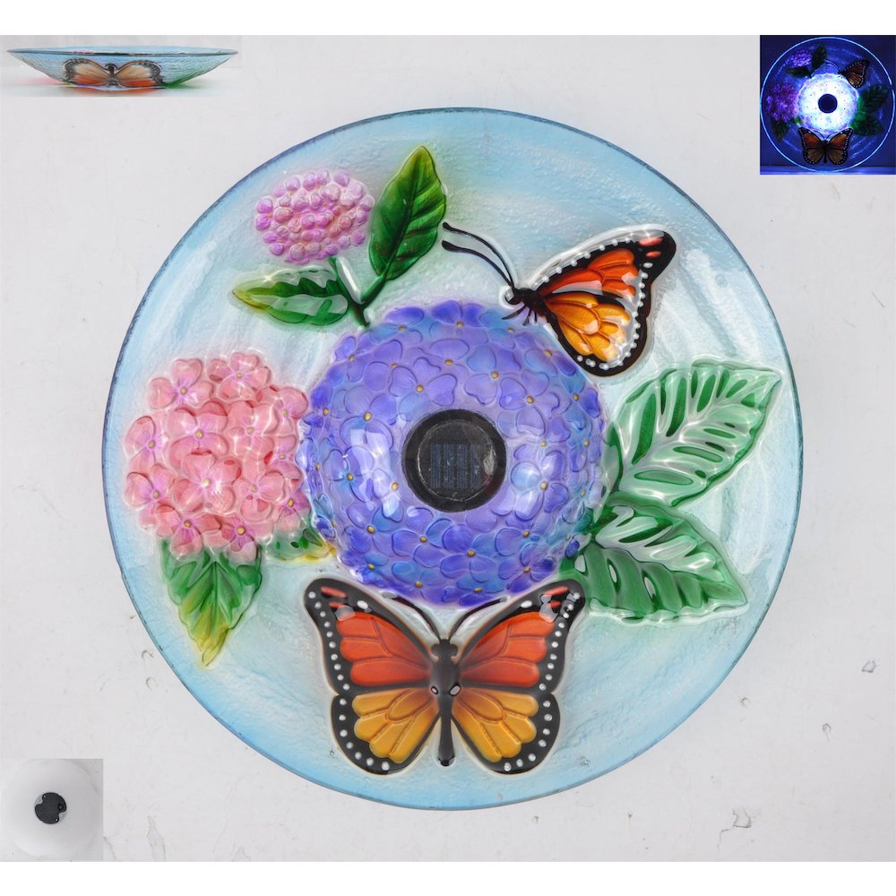 Solar LED Floral Glass Butterfly Bird Bath with Stand. Picture 4