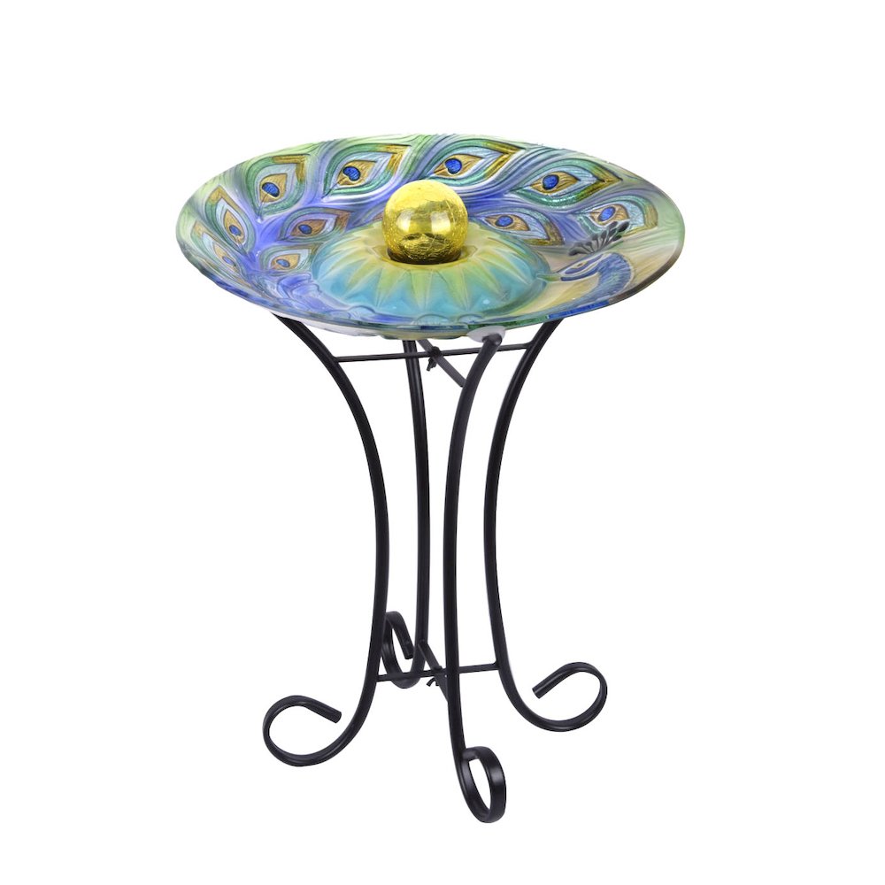 Solar Orb Peacock Glass Bird Bath with Stand. Picture 2