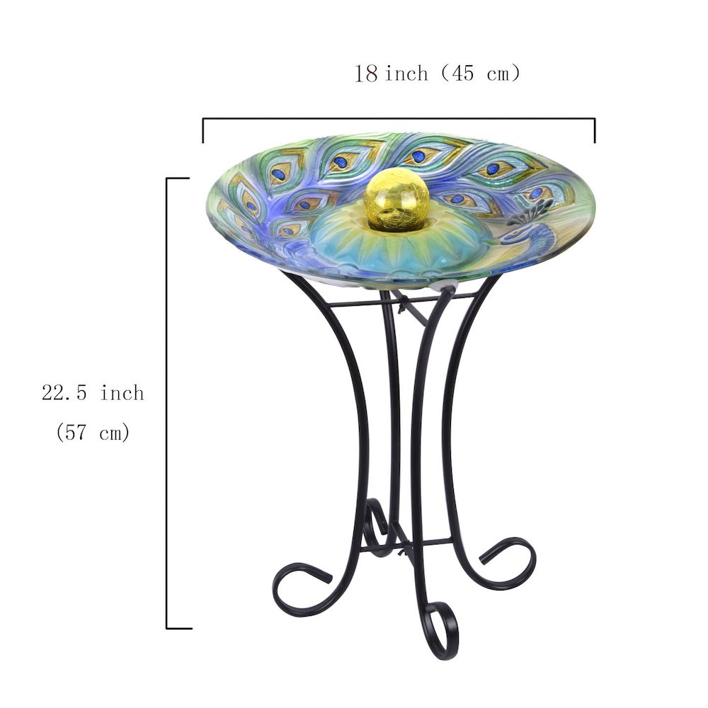 Solar Orb Peacock Glass Bird Bath with Stand. Picture 3
