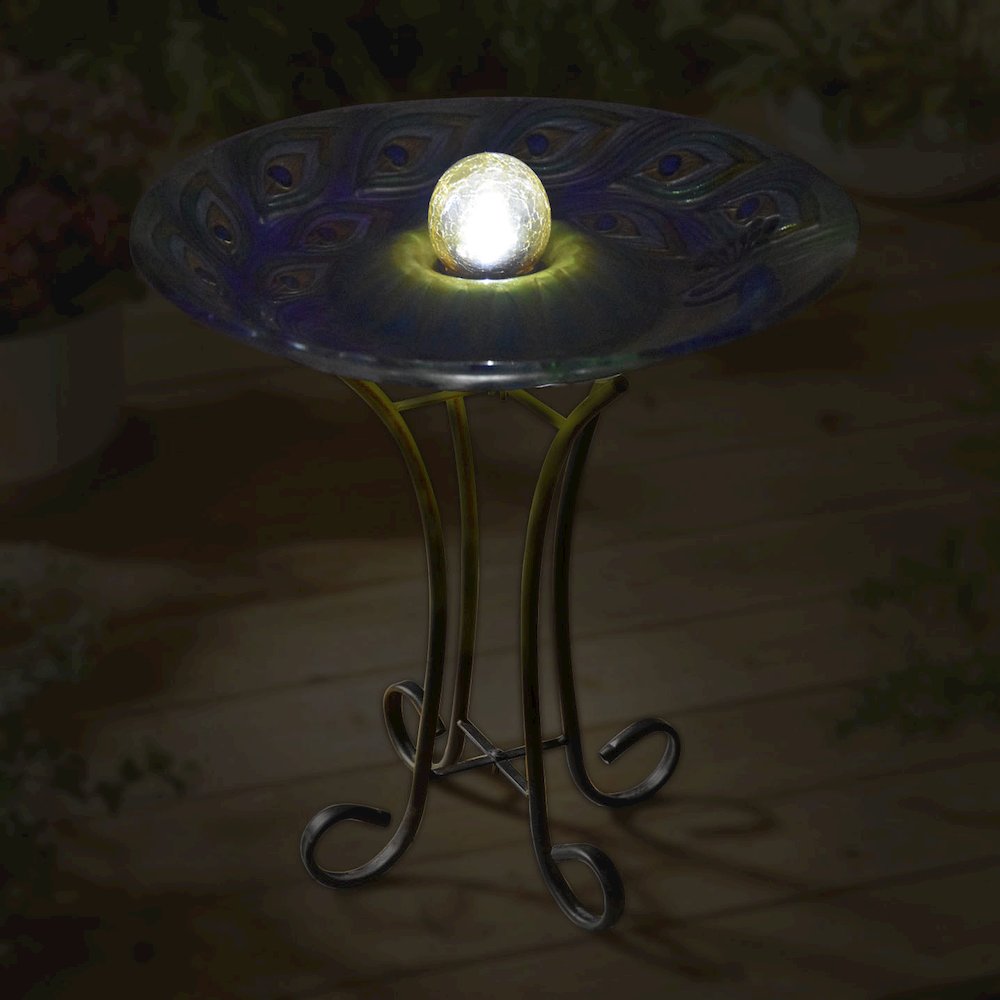 Solar Orb Peacock Glass Bird Bath with Stand. Picture 4
