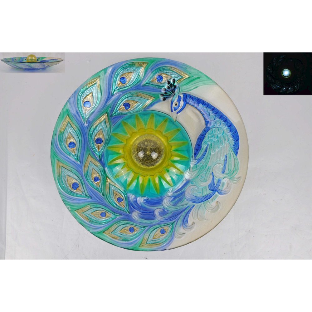 Solar Orb Peacock Glass Bird Bath with Stand. Picture 1