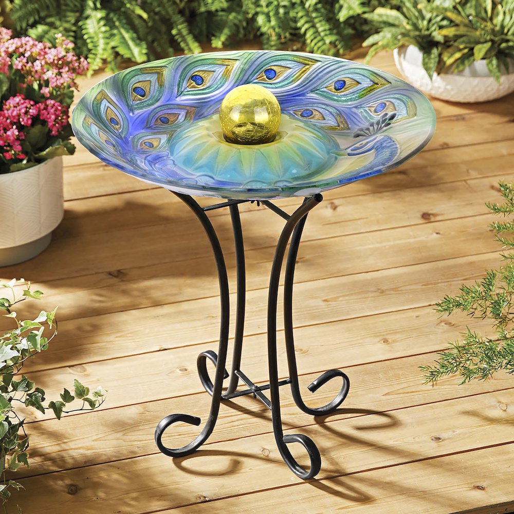 Solar Orb Peacock Glass Bird Bath with Stand. Picture 5