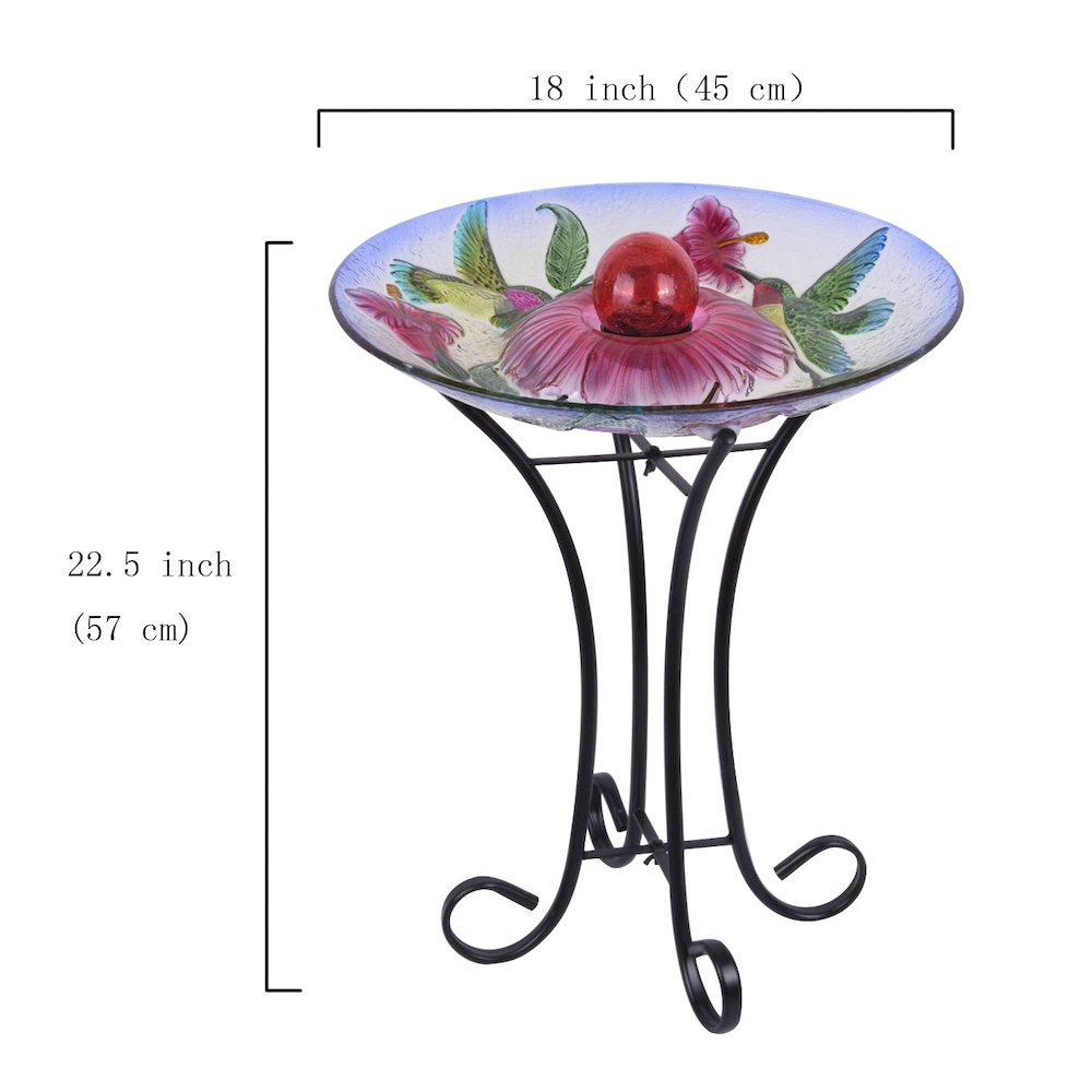 Solar Orb Floral Glass Hummingbird Bird Bath with Stand. Picture 3