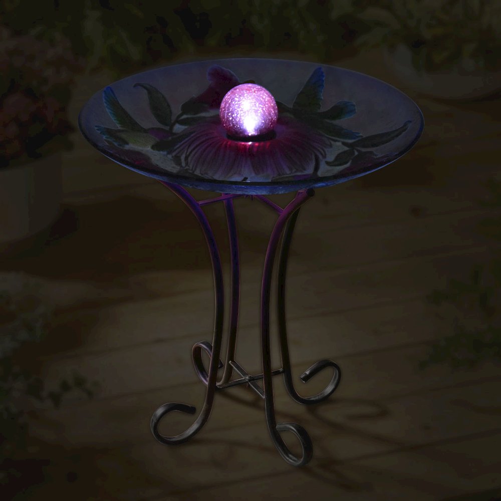 Solar Orb Floral Glass Hummingbird Bird Bath with Stand. Picture 4