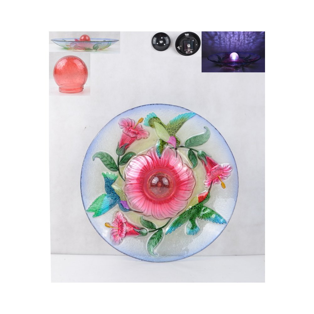 Solar Orb Floral Glass Hummingbird Bird Bath with Stand. Picture 2