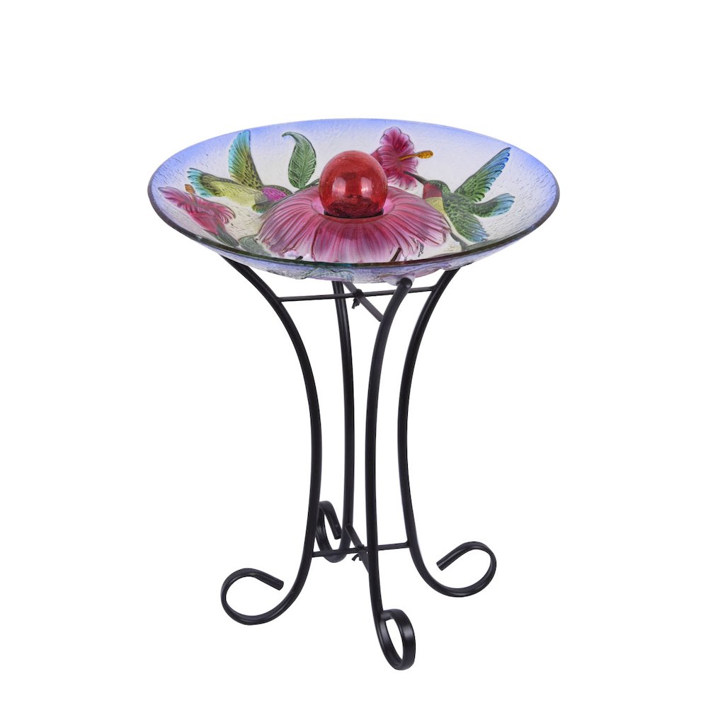 Solar Orb Floral Glass Hummingbird Bird Bath with Stand. Picture 1