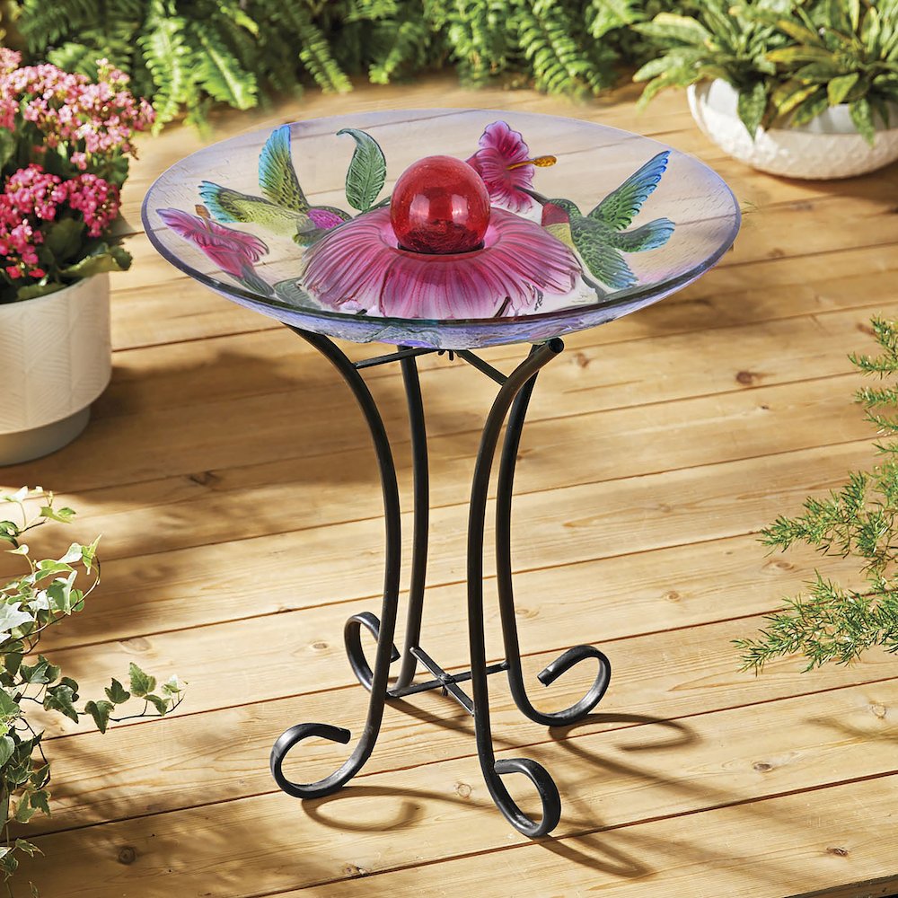 Solar Orb Floral Glass Hummingbird Bird Bath with Stand. Picture 5