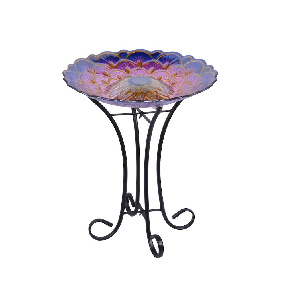 Solar Floral Glass Bird Bath with Stand. Picture 1