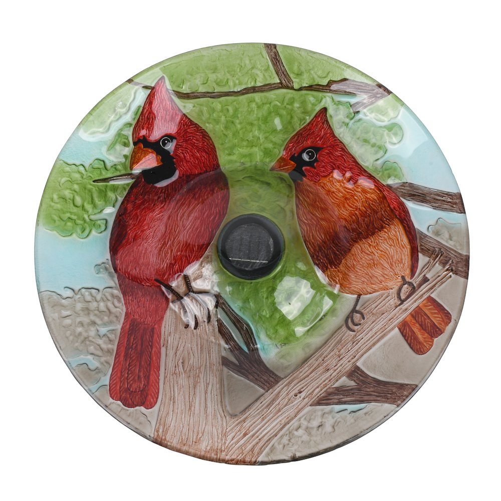 Solar LED Floral Glass Bird Bath with Stand - Cardinal. Picture 1