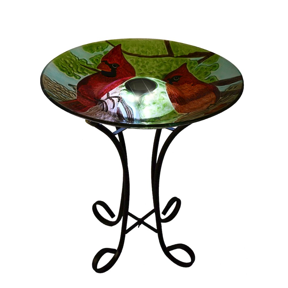 Solar LED Floral Glass Bird Bath with Stand - Cardinal. Picture 2
