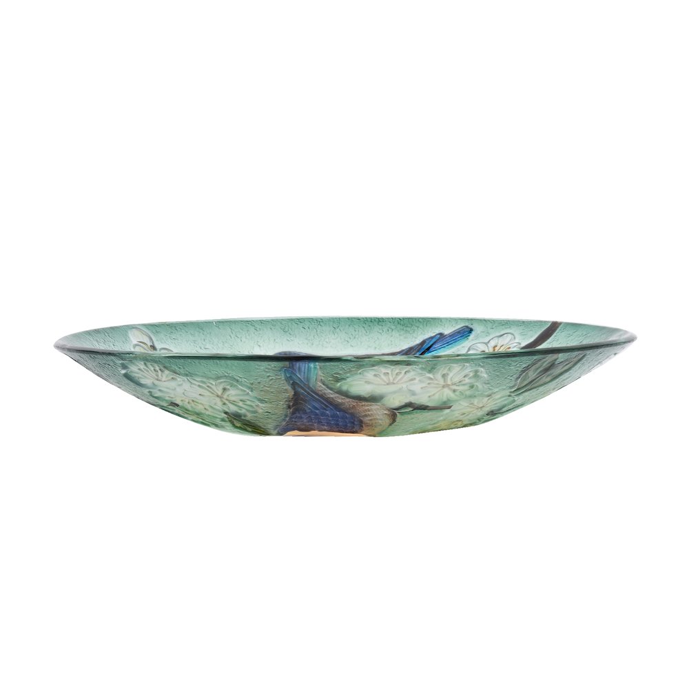 Solar LED Floral Glass Bird Bath with Stand - Blue Bird & Peach Blossom. Picture 3