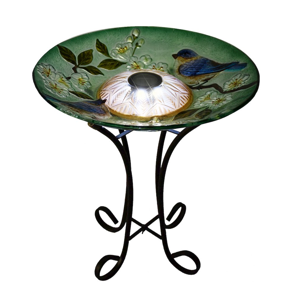 Solar LED Floral Glass Bird Bath with Stand - Blue Bird & Peach Blossom. Picture 2