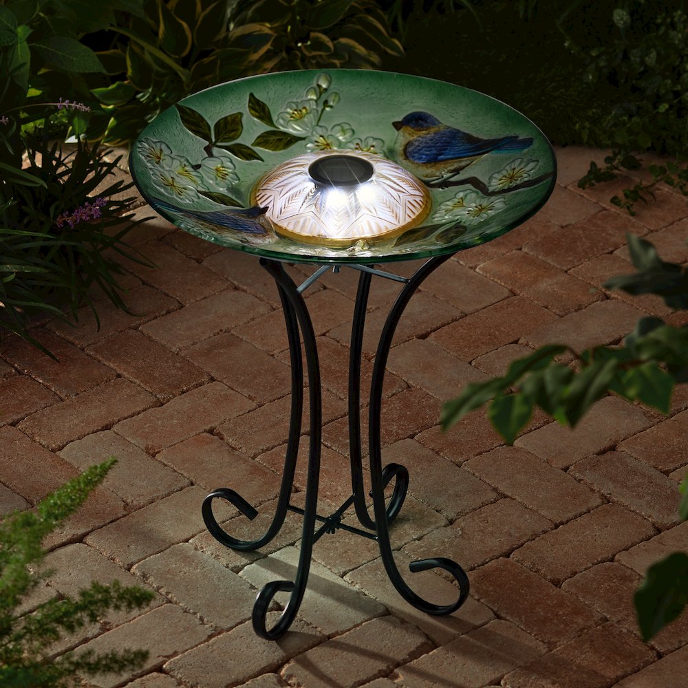 Solar LED Floral Glass Bird Bath with Stand - Blue Bird & Peach Blossom. Picture 4