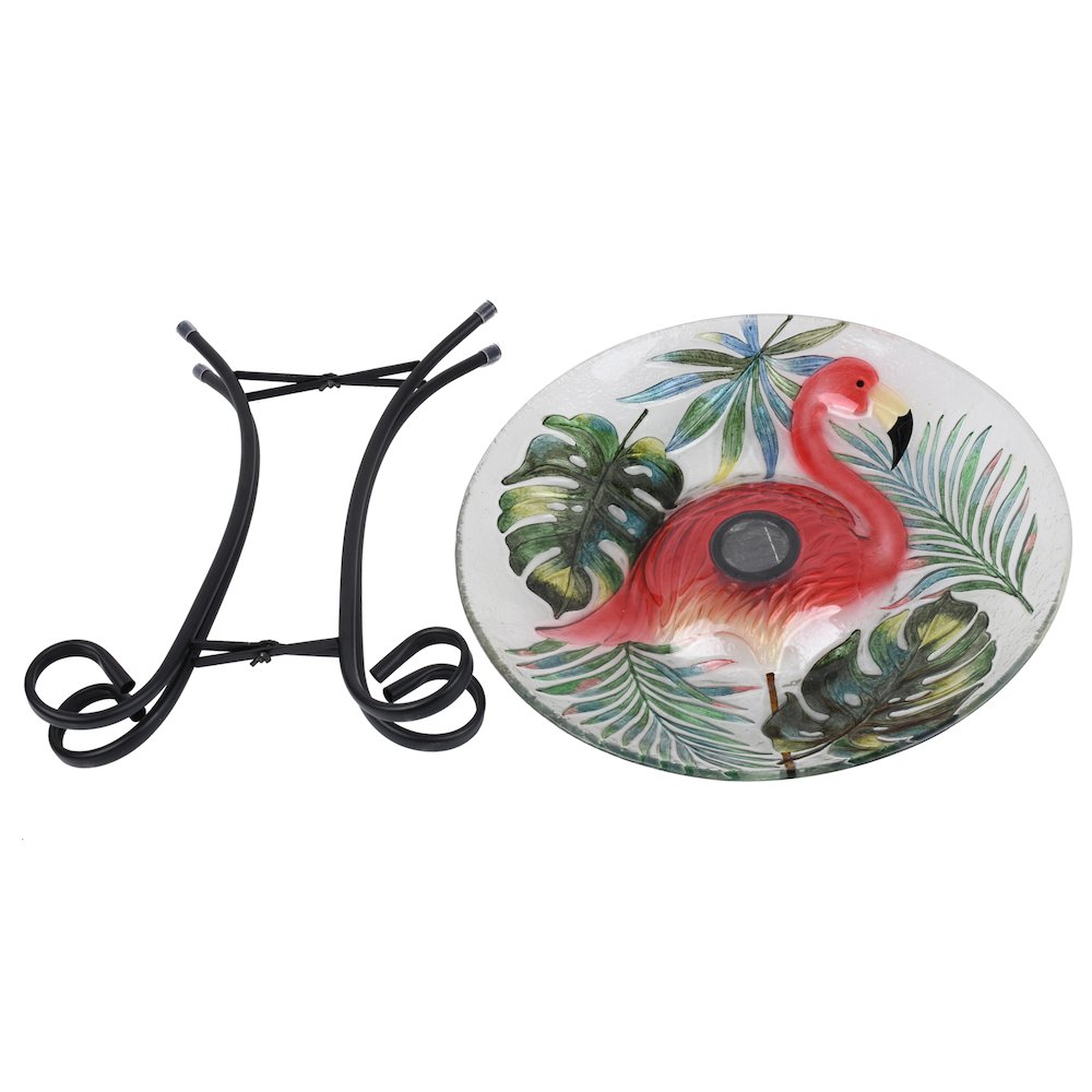 Solar LED Verdant Glass Bird Bath with Stand - Flamingo. Picture 1