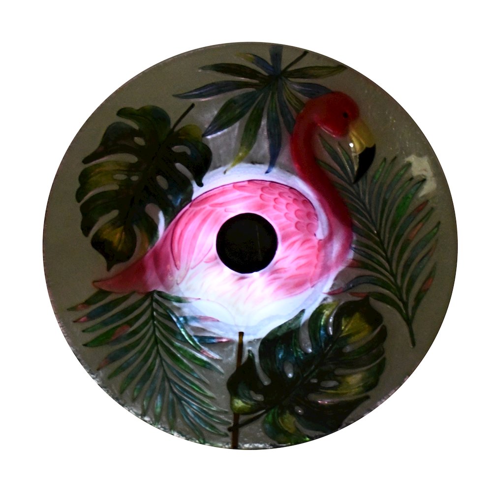 Solar LED Verdant Glass Bird Bath with Stand - Flamingo. Picture 5