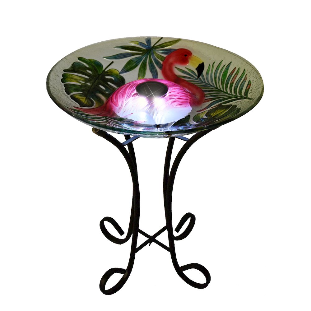 Solar LED Verdant Glass Bird Bath with Stand - Flamingo. Picture 2