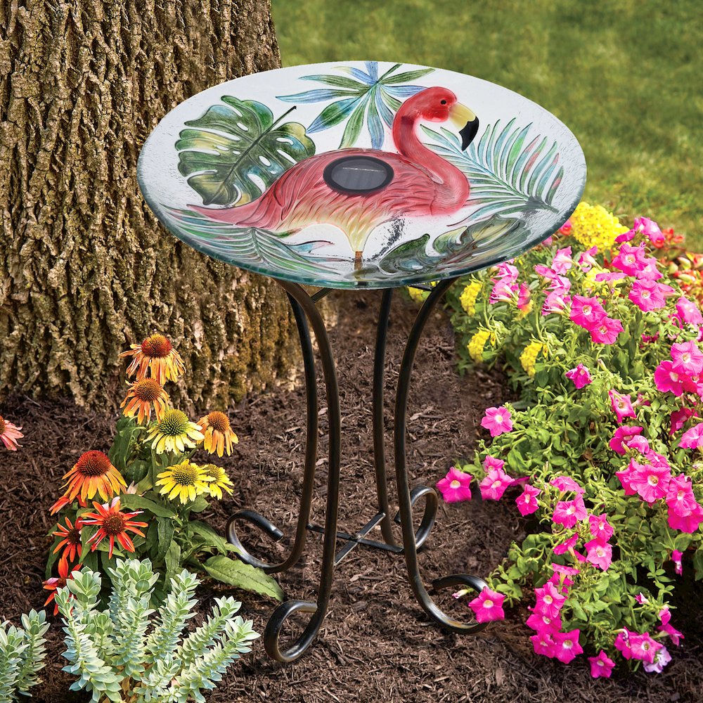 Solar LED Verdant Glass Bird Bath with Stand - Flamingo. Picture 6