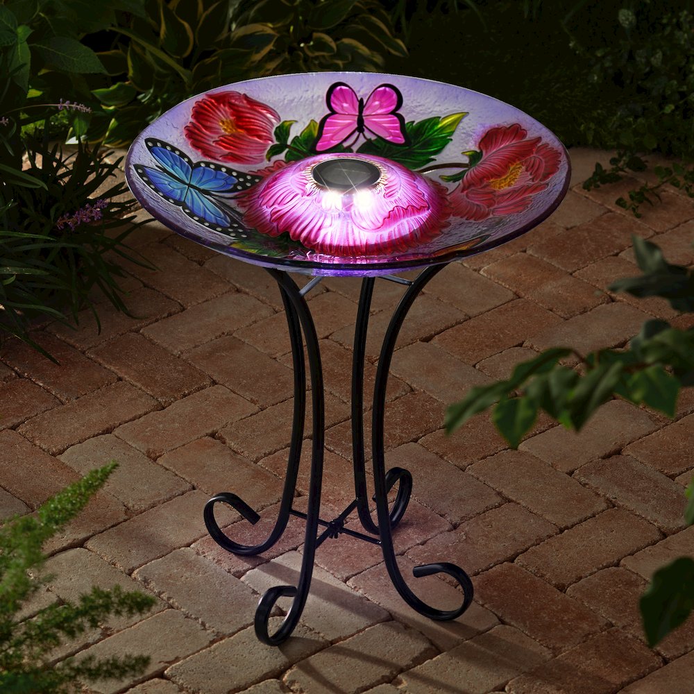 Solar LED Floral Glass Bird Bath with Stand - Butterflies & Peonies. Picture 6