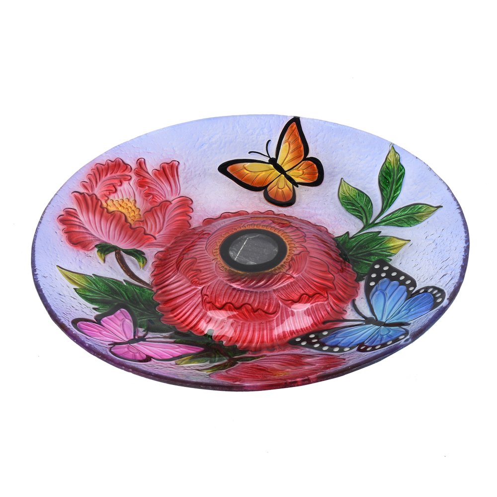Solar LED Floral Glass Bird Bath with Stand - Butterflies & Peonies. Picture 3