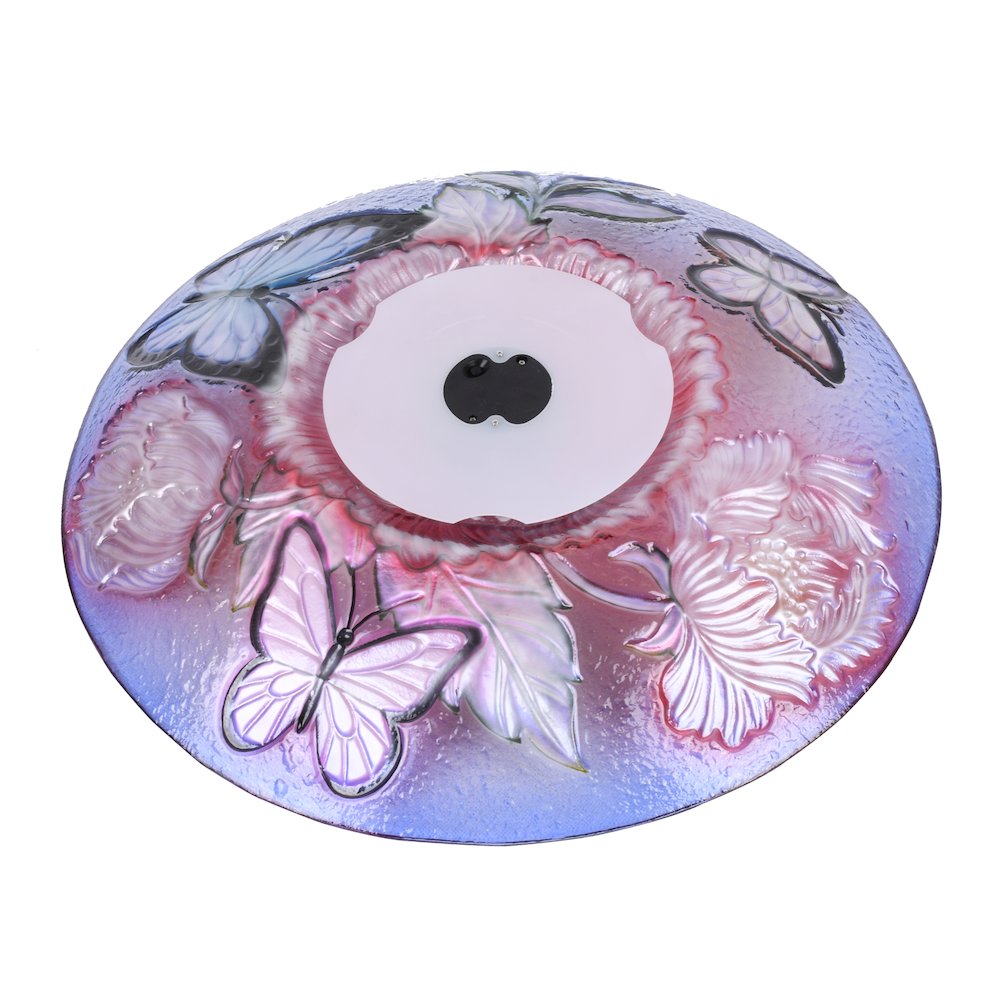 Solar LED Floral Glass Bird Bath with Stand - Butterflies & Peonies. Picture 5