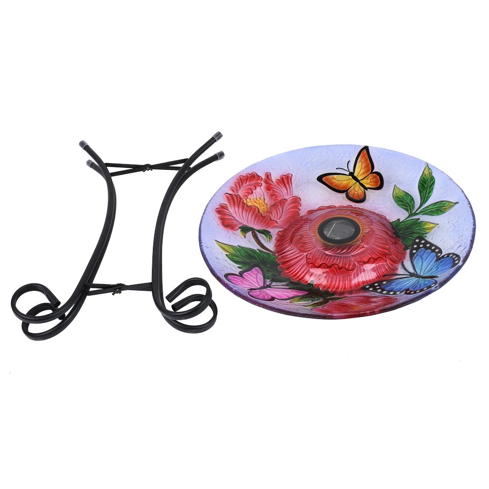 Solar LED Floral Glass Bird Bath with Stand - Butterflies & Peonies. Picture 1