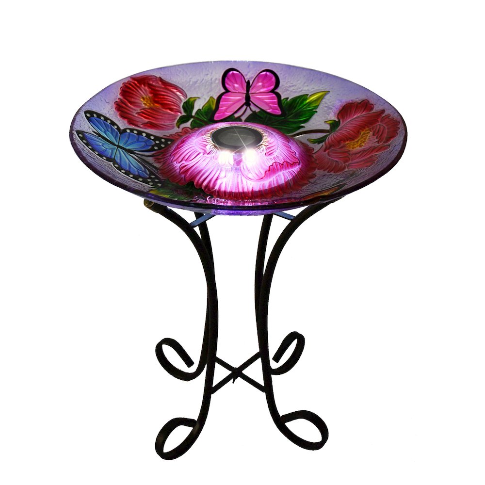 Solar LED Floral Glass Bird Bath with Stand - Butterflies & Peonies. Picture 2