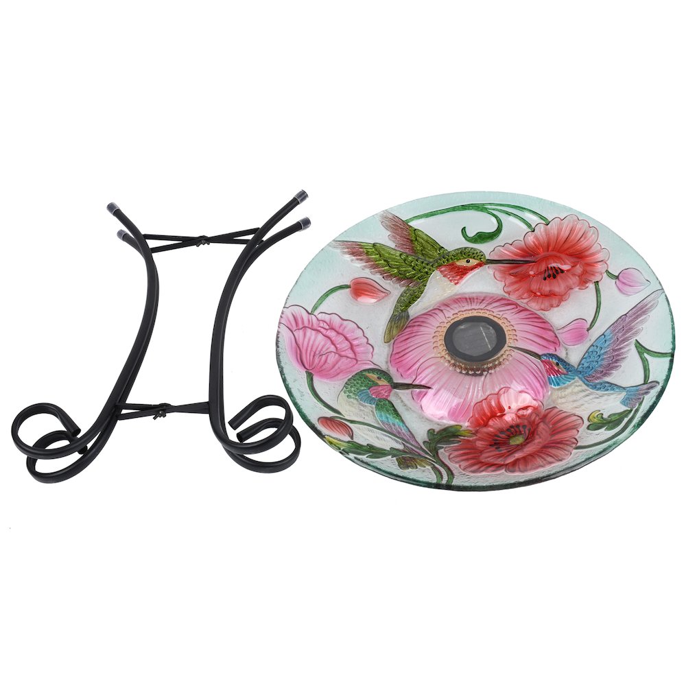 Solar LED Floral Glass Bird Bath with Stand - Hummingbird & Poppies. Picture 1