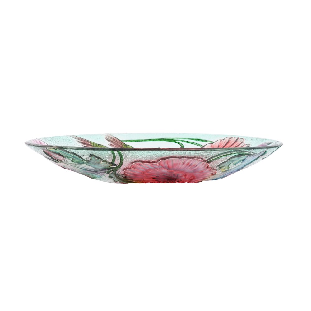 Solar LED Floral Glass Bird Bath with Stand - Hummingbird & Poppies. Picture 4