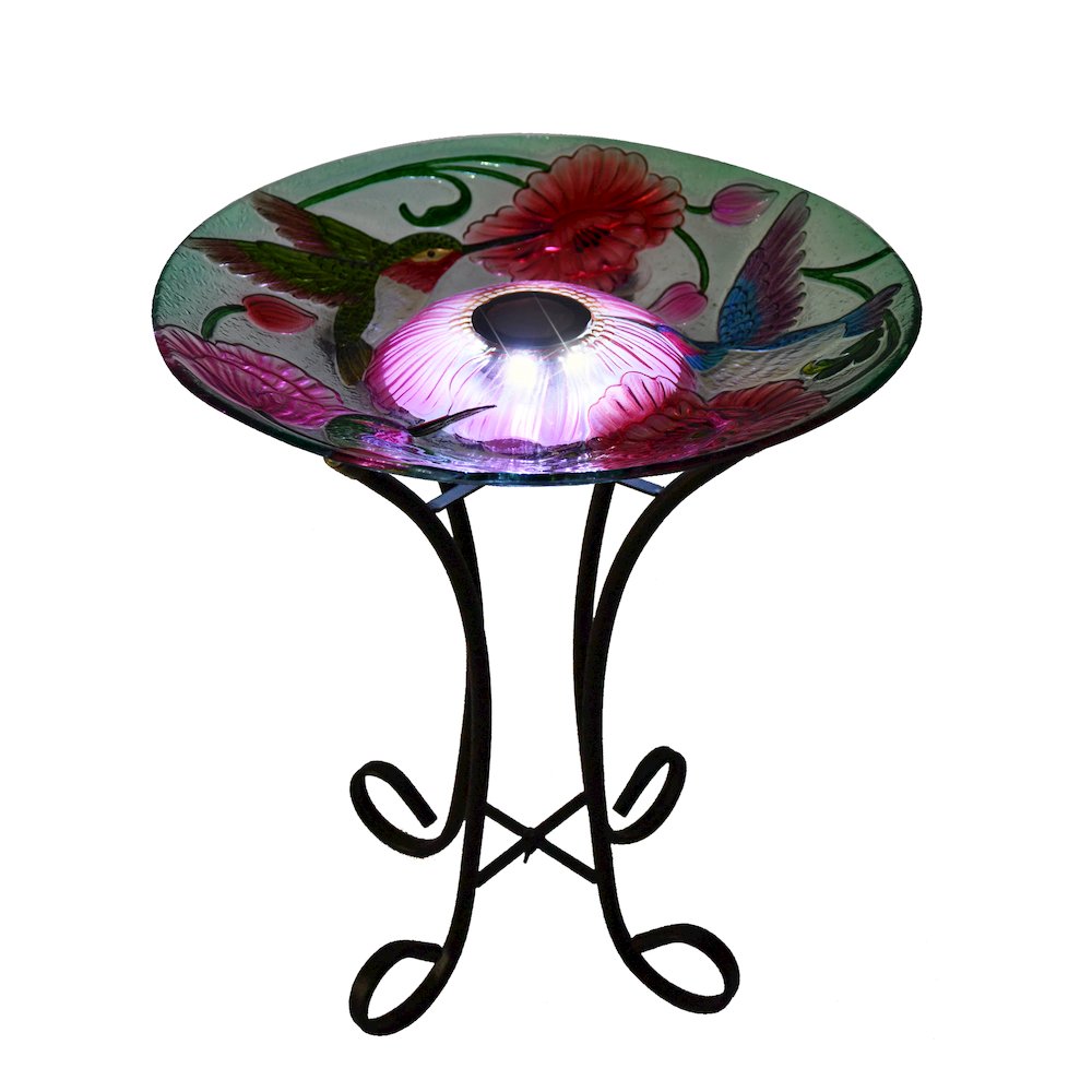 Solar LED Floral Glass Bird Bath with Stand - Hummingbird & Poppies. Picture 2