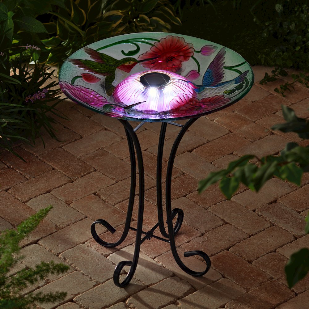 Solar LED Floral Glass Bird Bath with Stand - Hummingbird & Poppies. Picture 5