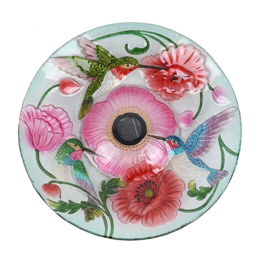 Solar LED Floral Glass Bird Bath with Stand - Hummingbird & Poppies. Picture 3
