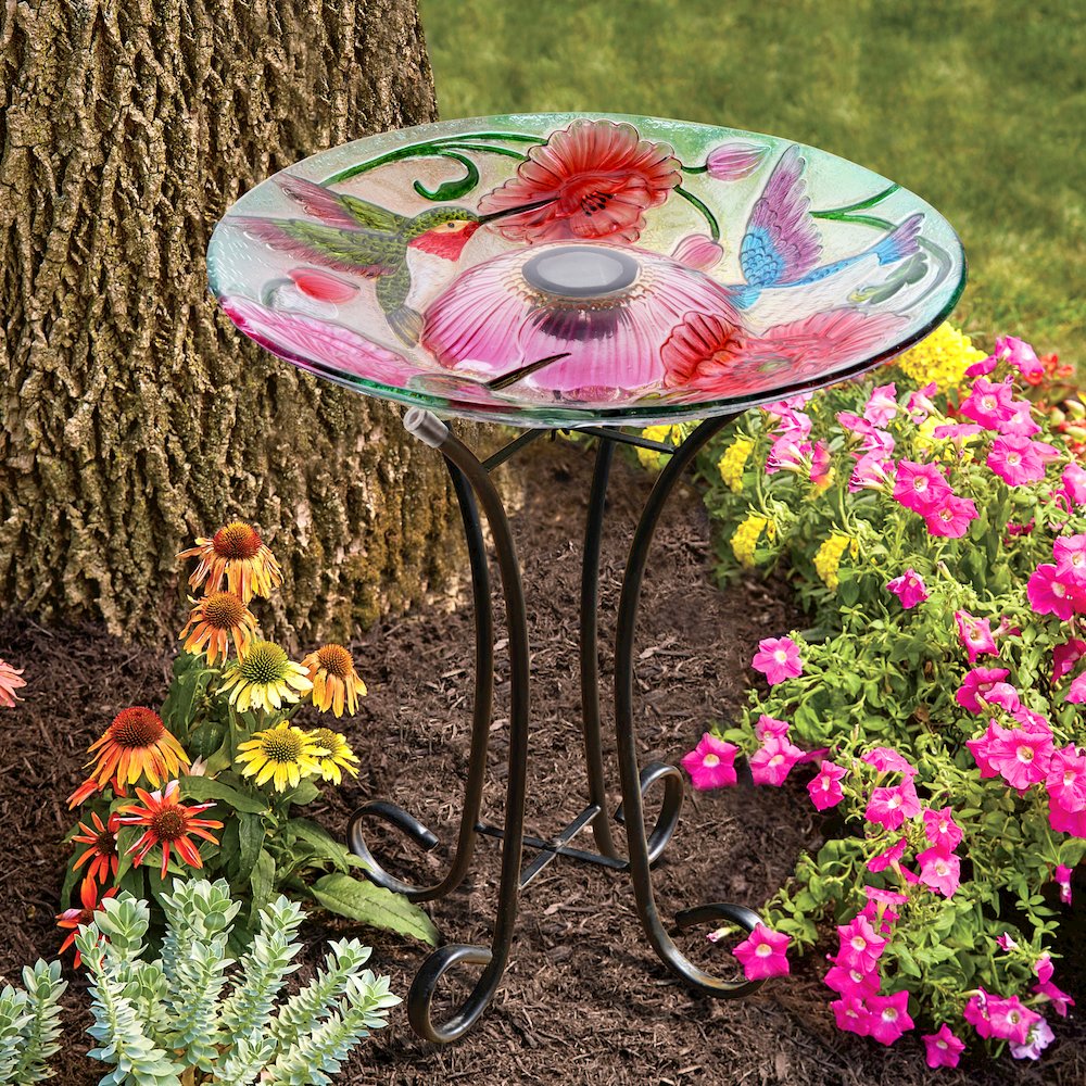 Solar LED Floral Glass Bird Bath with Stand - Hummingbird & Poppies. Picture 6