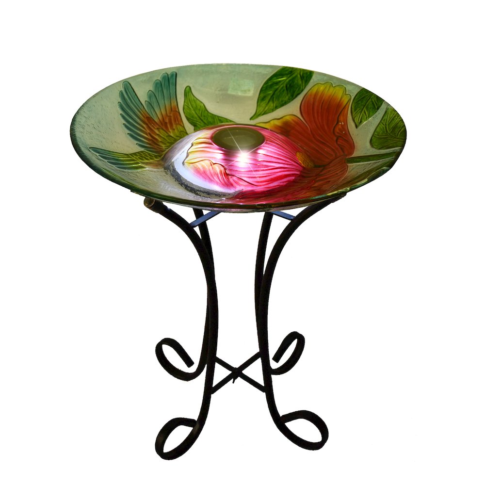 Solar LED Floral Glass Bird Bath with Stand - Hummingbird & Large Poppy. Picture 2