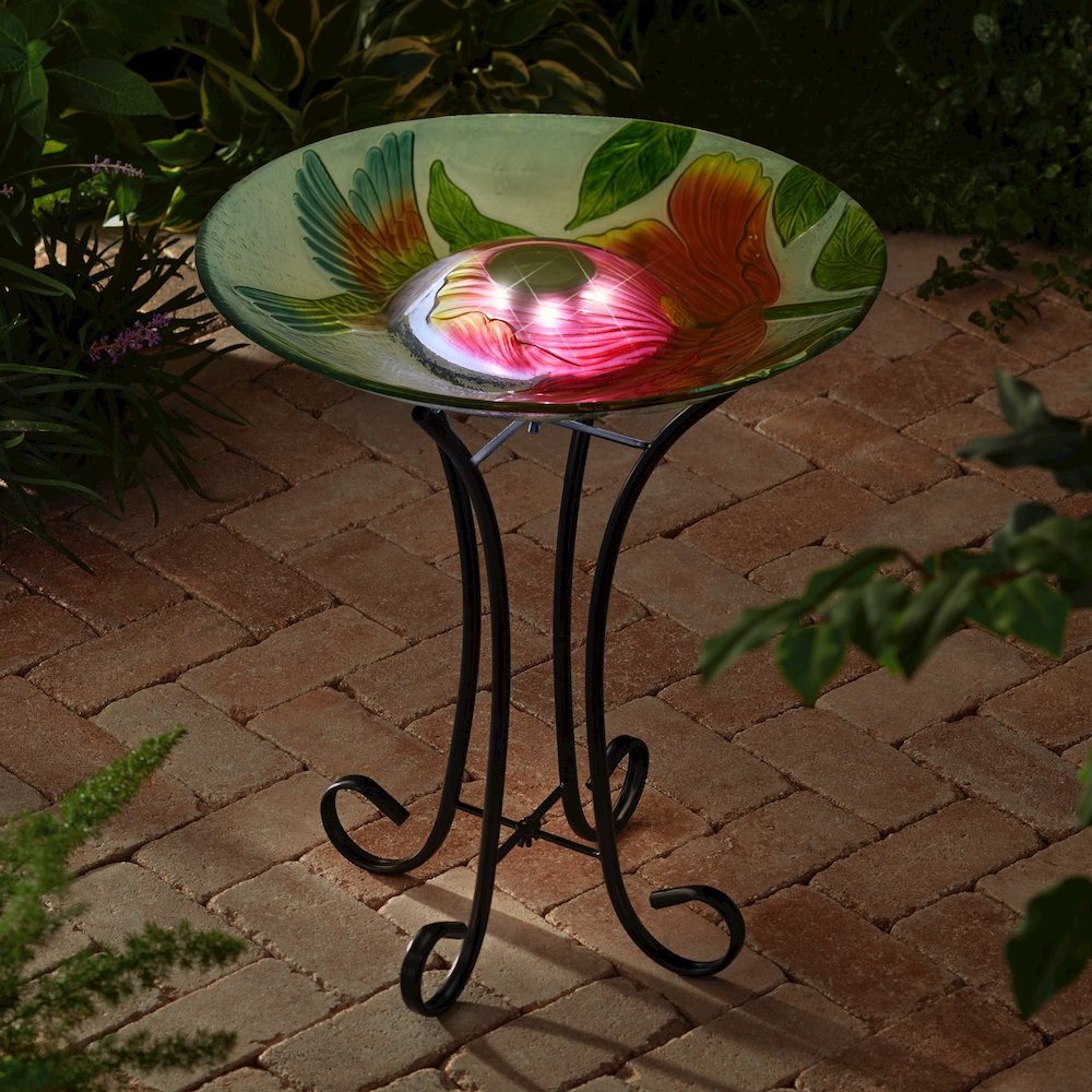 Solar LED Floral Glass Bird Bath with Stand - Hummingbird & Large Poppy. Picture 4