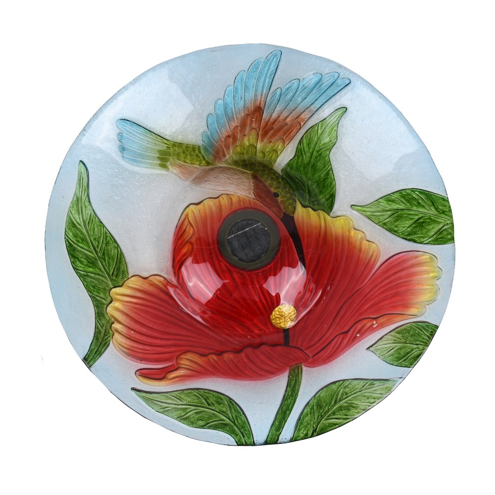 Solar LED Floral Glass Bird Bath with Stand - Hummingbird & Large Poppy. Picture 1