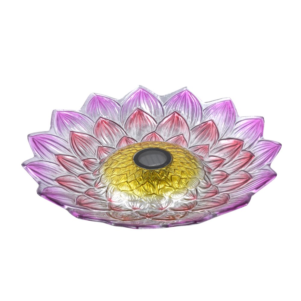 Solar LED Floral Glass Bird Bath with Stand - Pink Dahlia. Picture 4