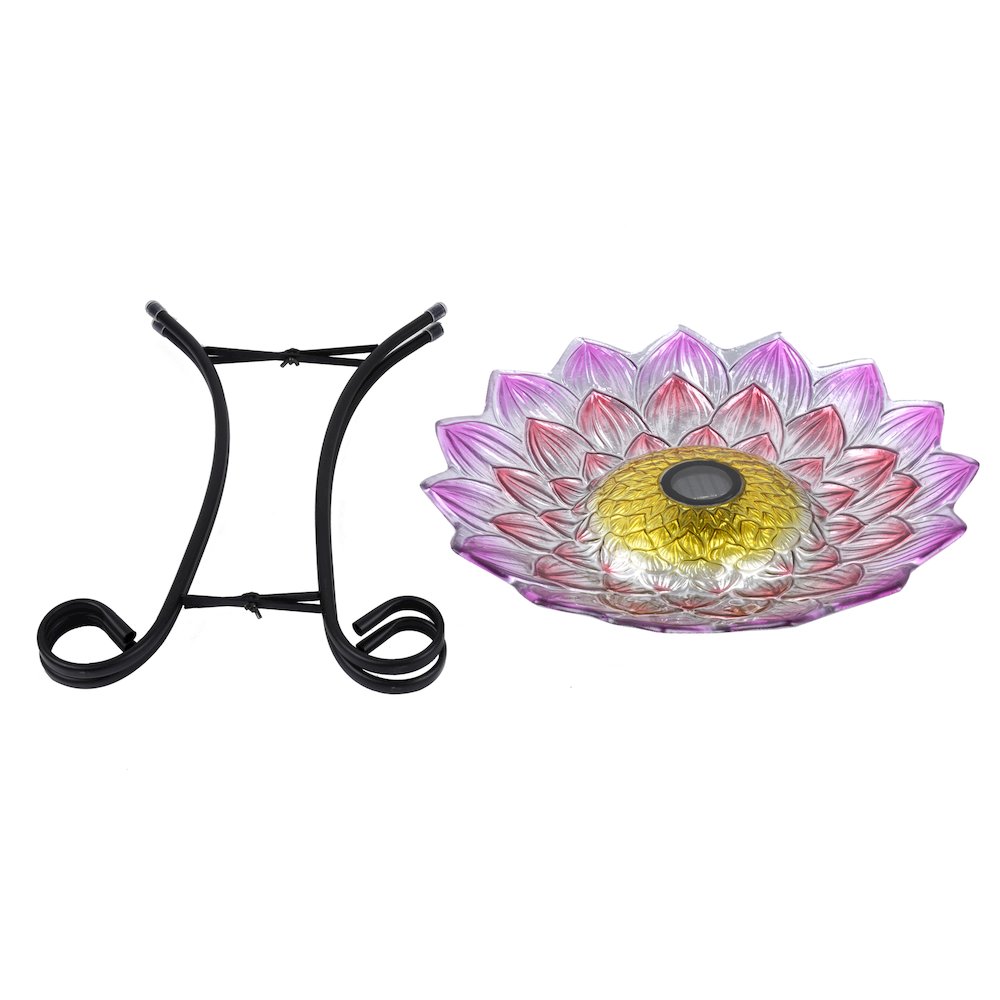 Solar LED Floral Glass Bird Bath with Stand - Pink Dahlia. Picture 1
