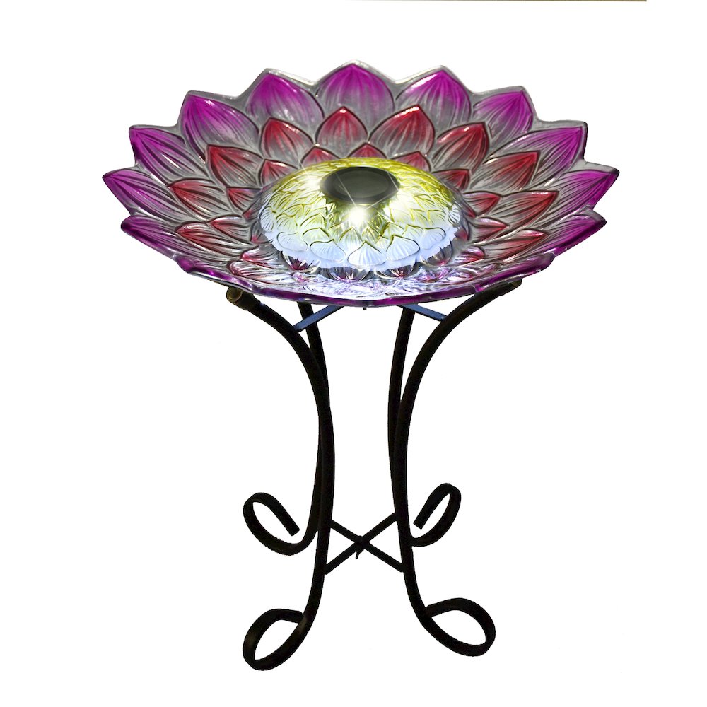 Solar LED Floral Glass Bird Bath with Stand - Pink Dahlia. Picture 2