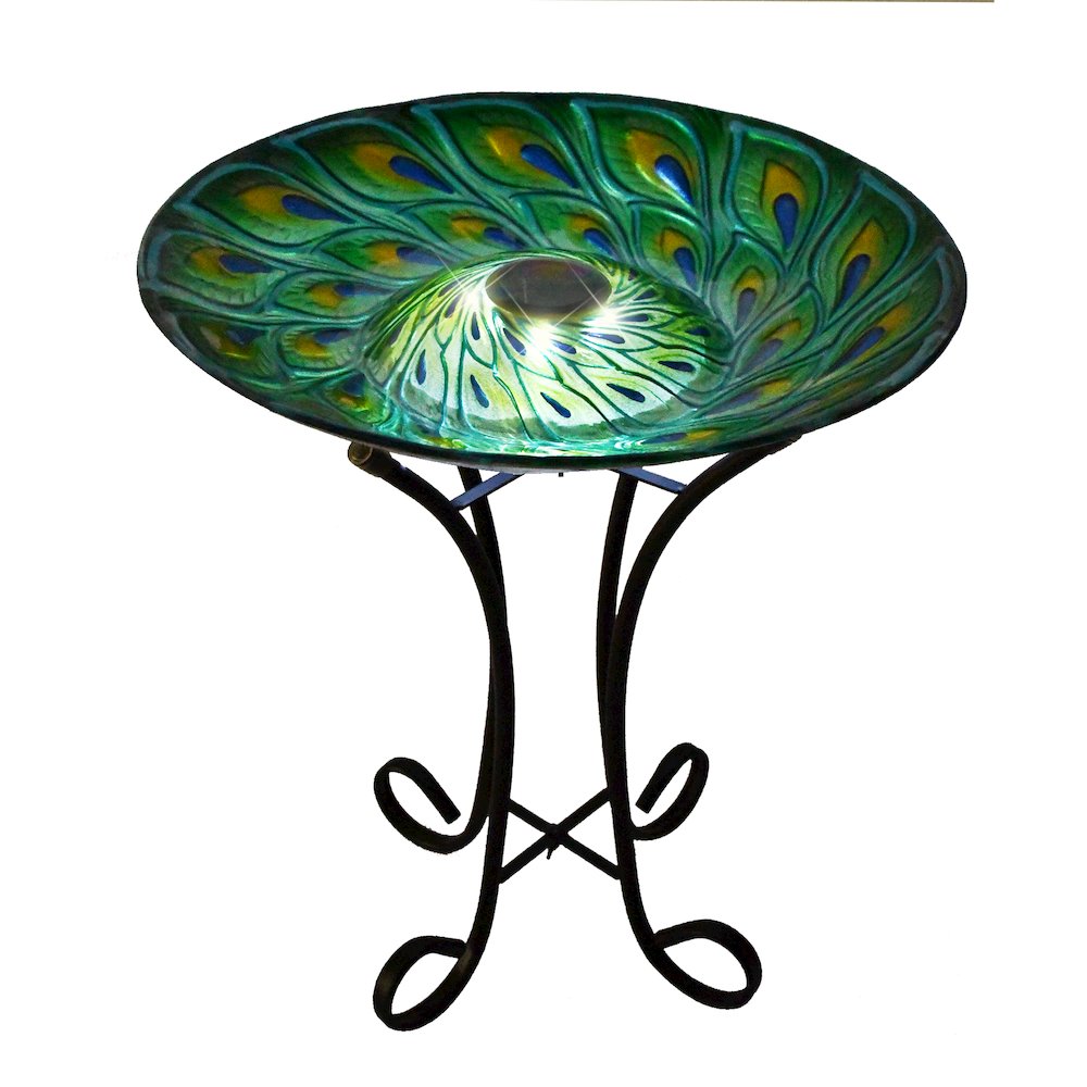 Solar Glass Turquoise Peacock Feathers Bird Bath with Stand. Picture 2