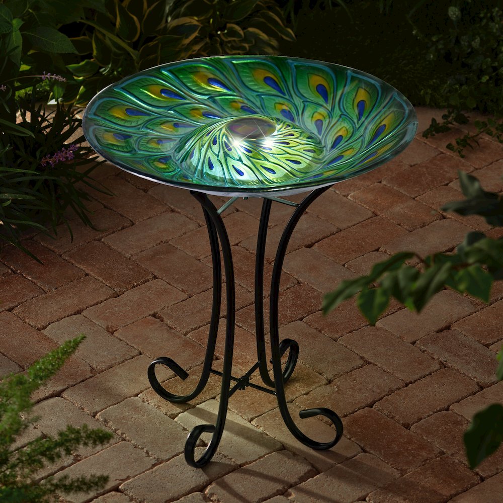 Solar Glass Turquoise Peacock Feathers Bird Bath with Stand. Picture 5