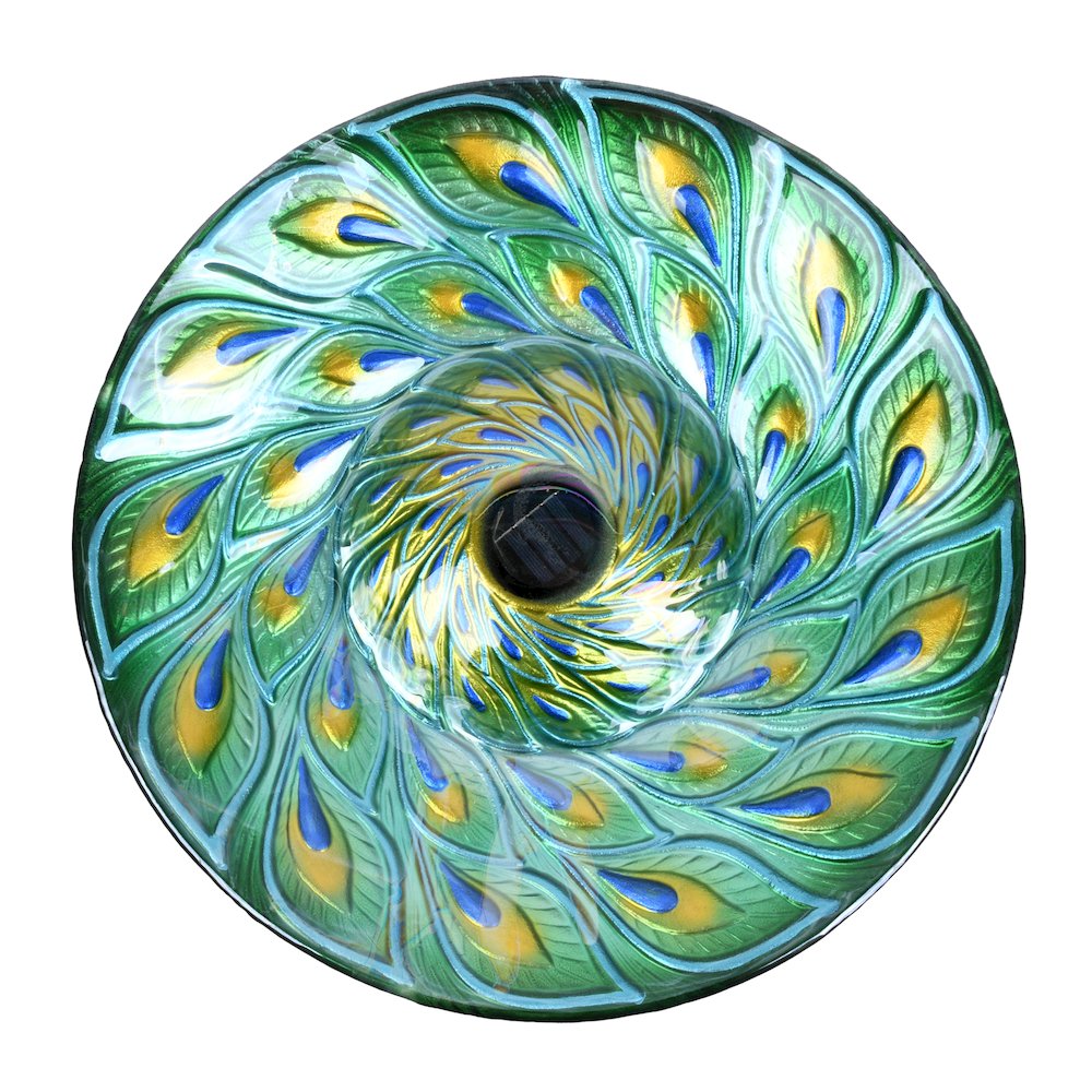 Solar Glass Turquoise Peacock Feathers Bird Bath with Stand. Picture 3