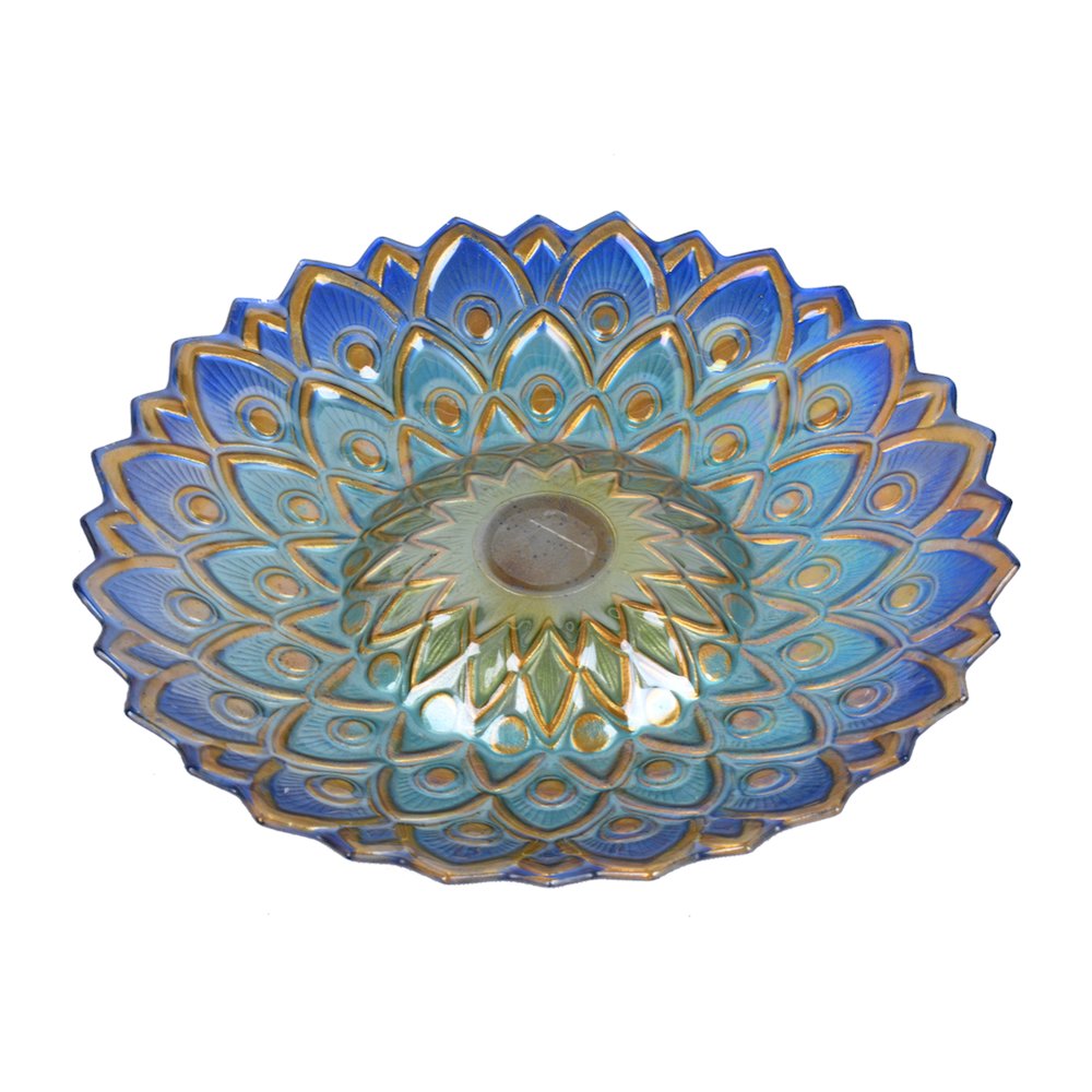 Solar Peacock Blue Geometric Glass Bird Bath with Stand. Picture 3