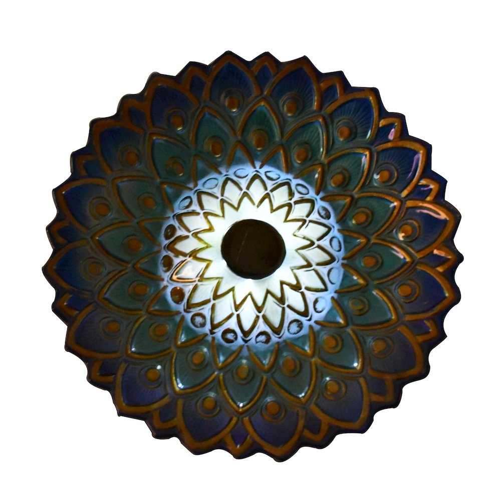 Solar Peacock Blue Geometric Glass Bird Bath with Stand. Picture 4