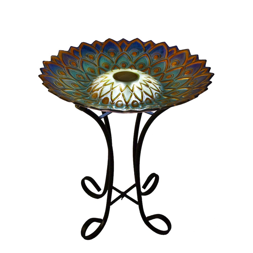 Solar Peacock Blue Geometric Glass Bird Bath with Stand. Picture 2